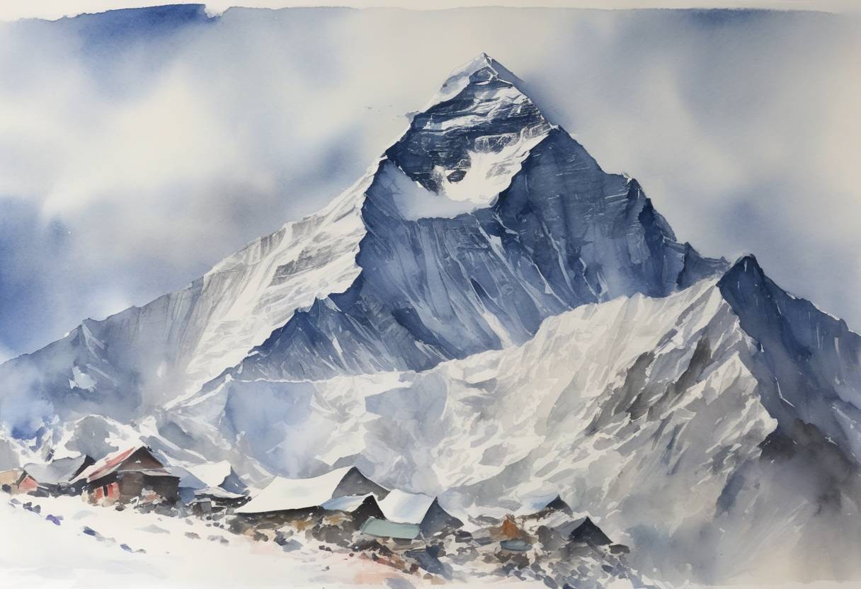 Watercolor painting based depiction of Mount Everest region suffers a major avalanche that resulted in the destruction of the first and second base camps. The avalanche was part of a broader series of seismic activities affecting Nepal. (2015)