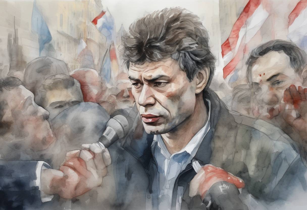 Watercolor painting based depiction of Russian politician Boris Nemtsov is assassinated in Moscow, sparking international condemnation and protests. (2015)