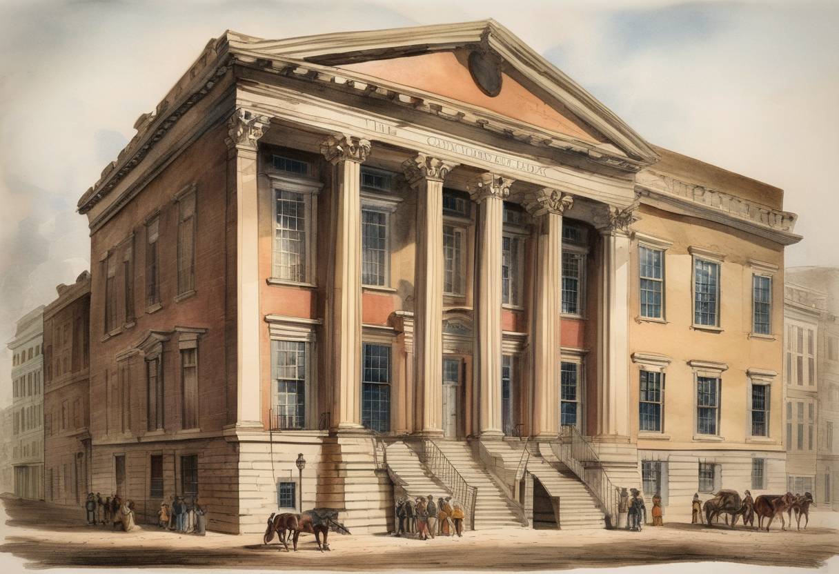Watercolor painting based depiction of The first American commercial bank, the Bank of North America, opened in Philadelphia, Pennsylvania, marking a significant development in the financial history of the United States. (1782)