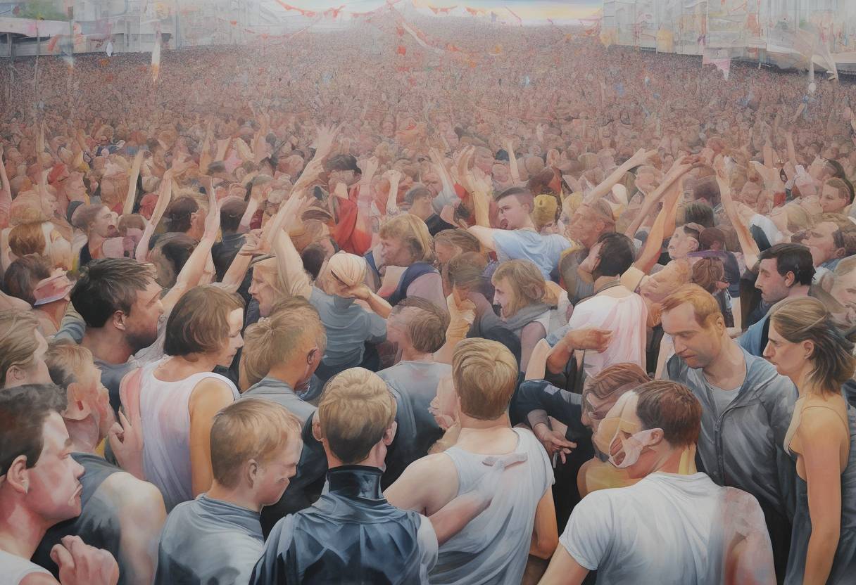 Watercolor painting based depiction of A tragic stampede occurred at the Love Parade music festival in Duisburg, Germany, resulting in 21 deaths and over 500 injuries. The incident raised significant concerns about crowd control and safety at large events. (2010)