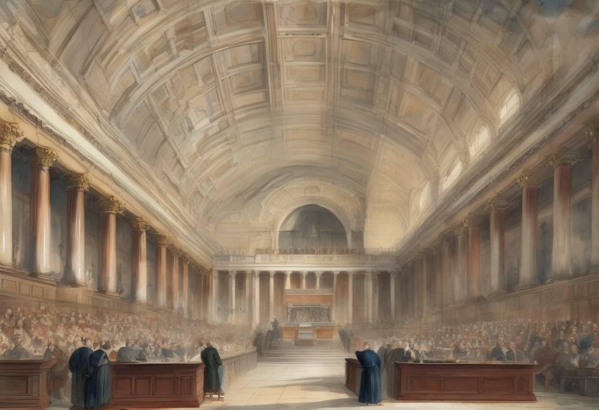 Watercolor painting based depiction of The Roman Catholic Relief Act was passed by the British Parliament, allowing Catholics to sit in the parliament and hold public office. (1829)