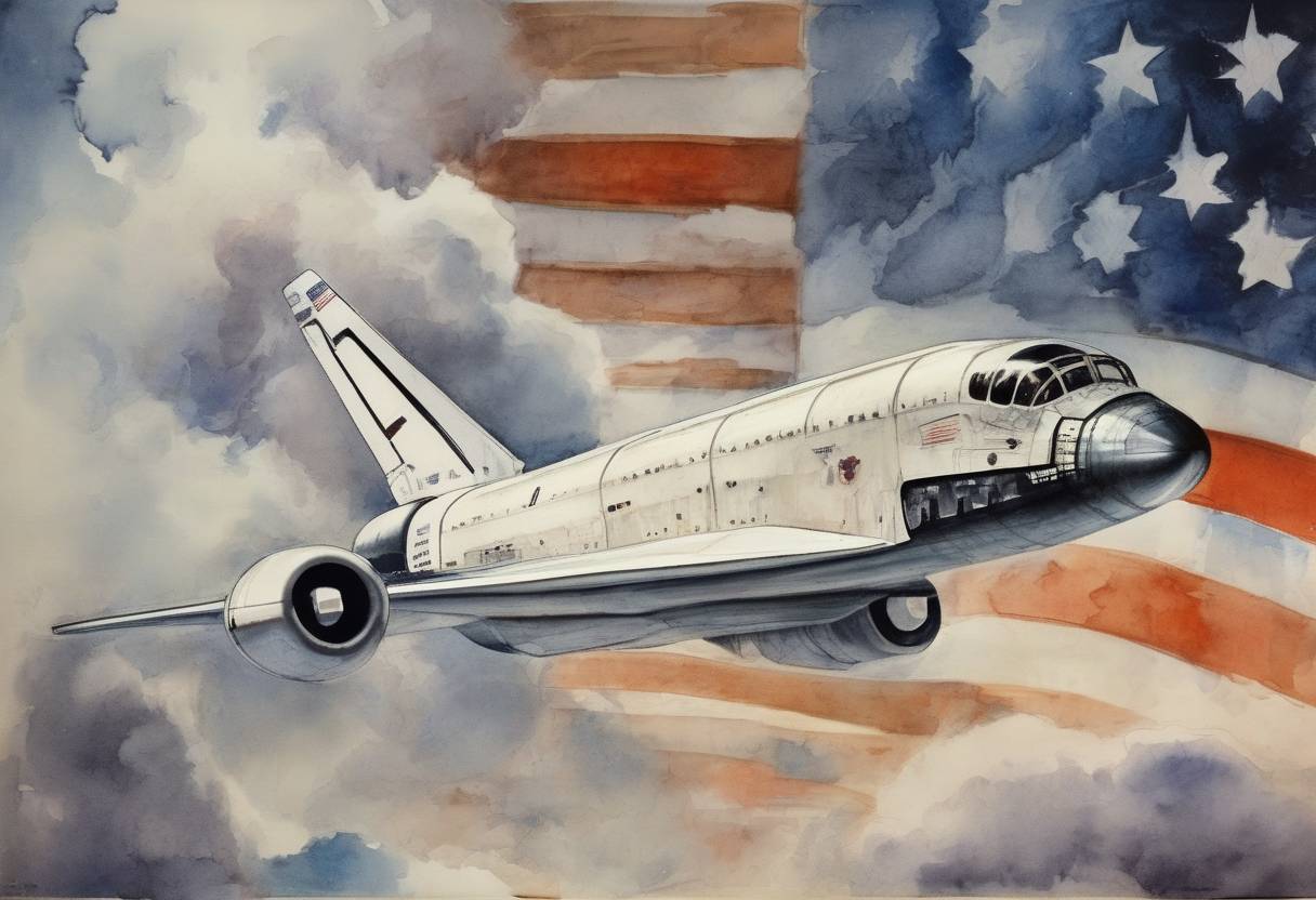 Watercolor painting based depiction of The United States Congress passed legislation establishing the National Aeronautics and Space Administration (NASA). (1958)