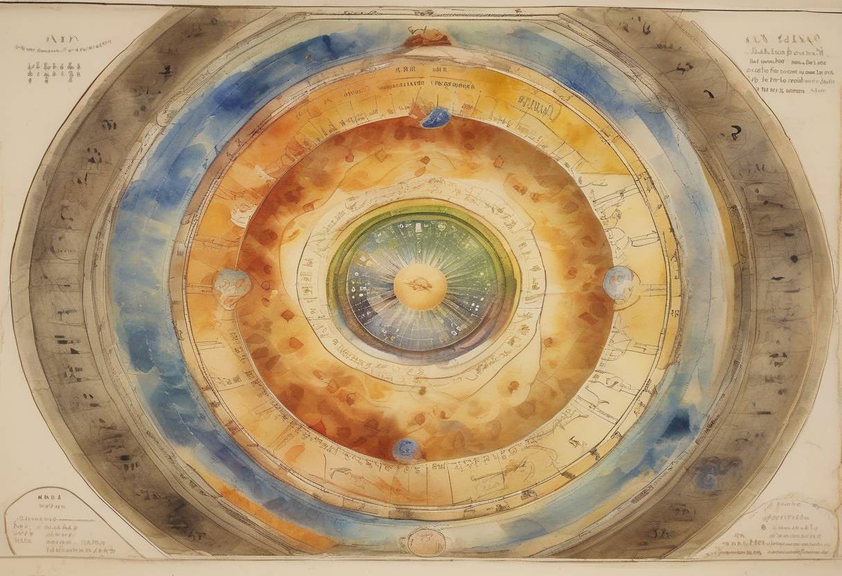 Watercolor painting based depiction of The Bahá'í calendar, also known as the Badíʿ calendar, began. It is a solar calendar with 19 months of 19 days each, plus an additional period of 'Intercalary Days' to adjust to the solar year. This calendar is used by followers of the Bahá'í Faith. (1844)