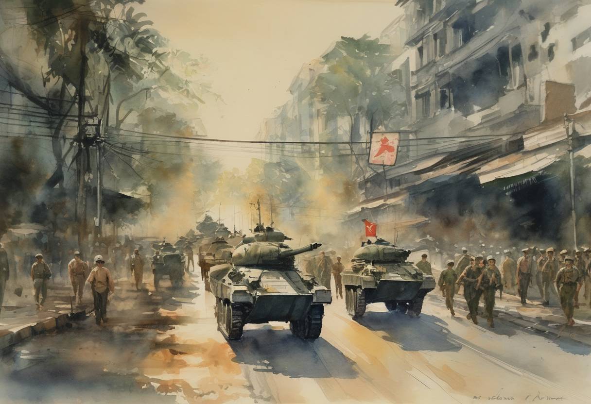 Watercolor painting based depiction of The Vietnam War officially ended with the fall of Saigon to North Vietnamese forces, marking the reunification of Vietnam under communist control. (1975)