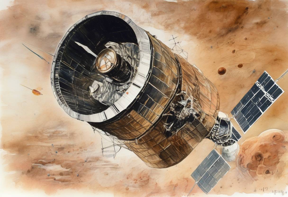 Watercolor painting based depiction of The Mariner 4 spacecraft successfully performed the first flyby of Mars, sending back the first close-up images of the planet. (1965)