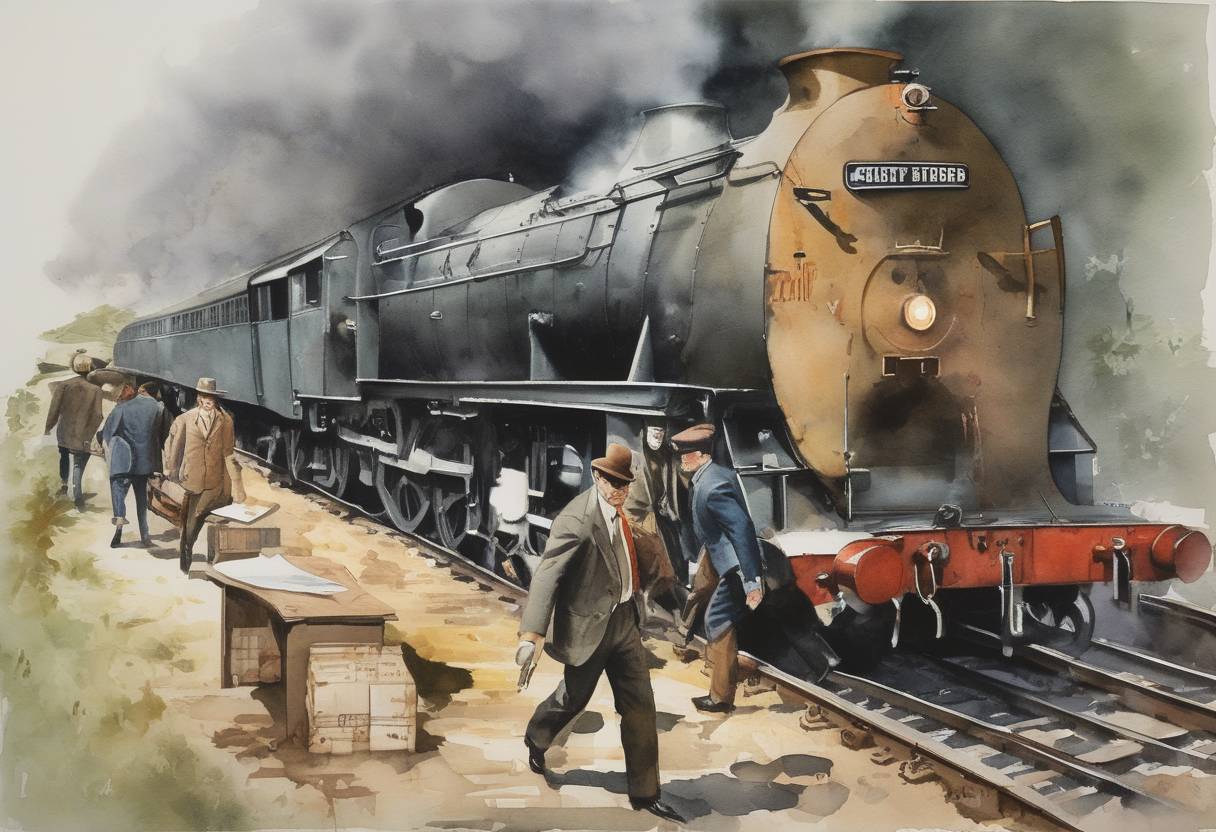 Watercolor painting based depiction of The Great Train Robbery took place in England, where a gang of 15 robbers stole £2.6 million from a Royal Mail train heading from Glasgow to London. (1963)