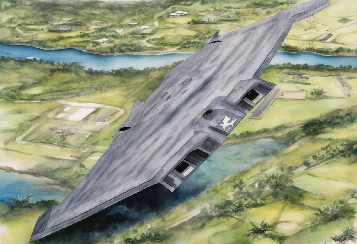 Watercolor painting based depiction of The United States Air Force's B-2 Spirit stealth bomber crashes on Guam, marking the first crash of a B-2 bomber. (2008)