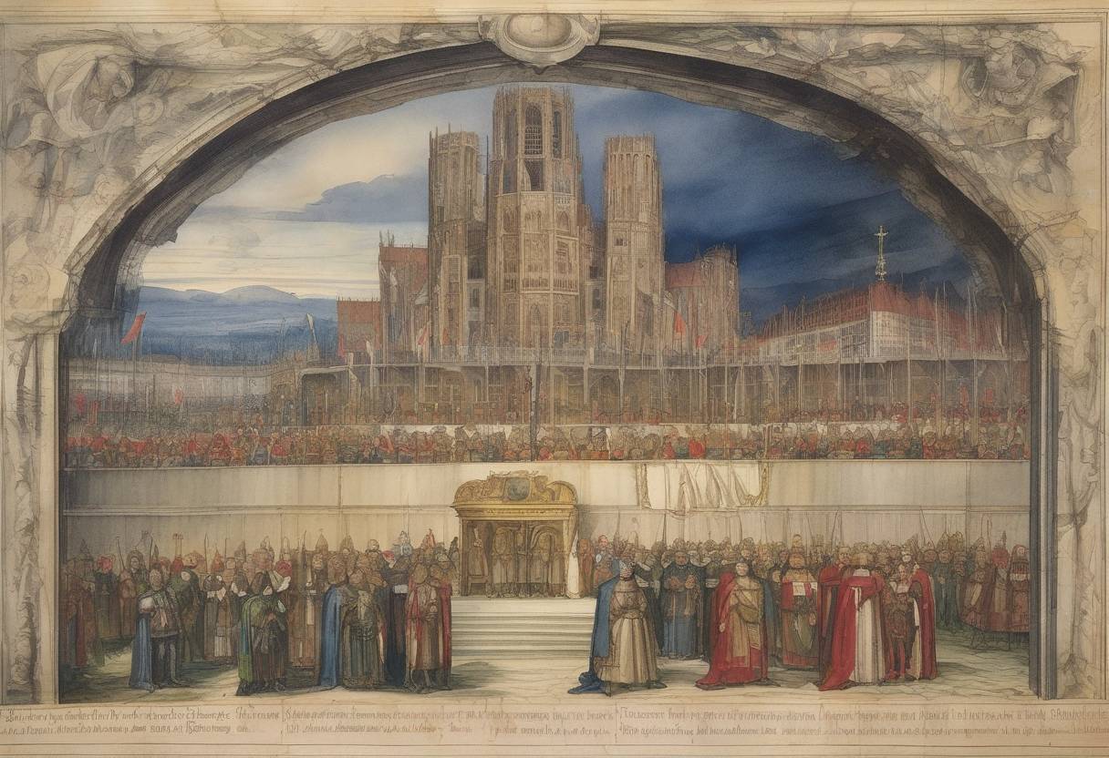 Watercolor painting based depiction of Charles V was elected Holy Roman Emperor, marking the beginning of his reign over a vast empire that included territories in Europe and the Americas. (1519)