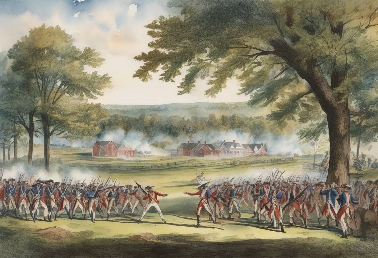 Watercolor painting based depiction of The Battles of Lexington and Concord mark the beginning of the American Revolutionary War. (1775)