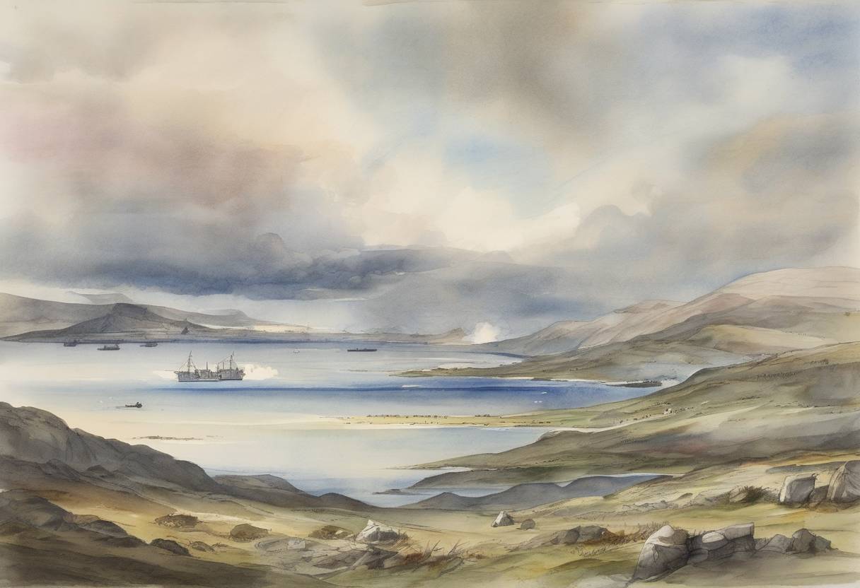Watercolor painting based depiction of Spain cedes the Falkland Islands to Britain, ending a dispute over the islands. (1771)