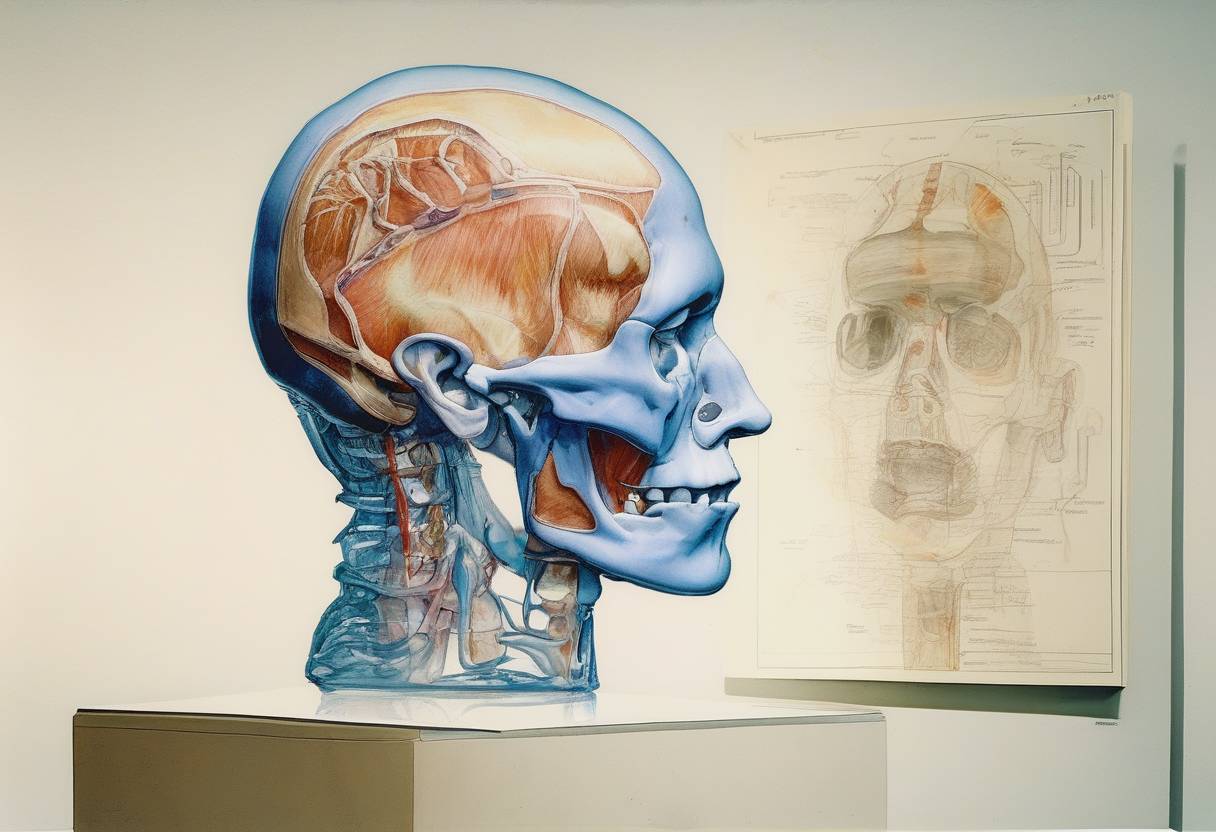 Watercolor painting based depiction of The first three-dimensional reconstruction of a human head in a CT scan was published, marking a milestone in medical imaging technology. (1983)