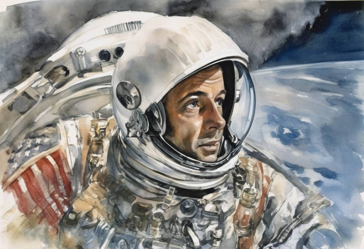 Watercolor painting based depiction of Alan Shepard becomes the first American in space aboard the Freedom 7 spacecraft. (1961)