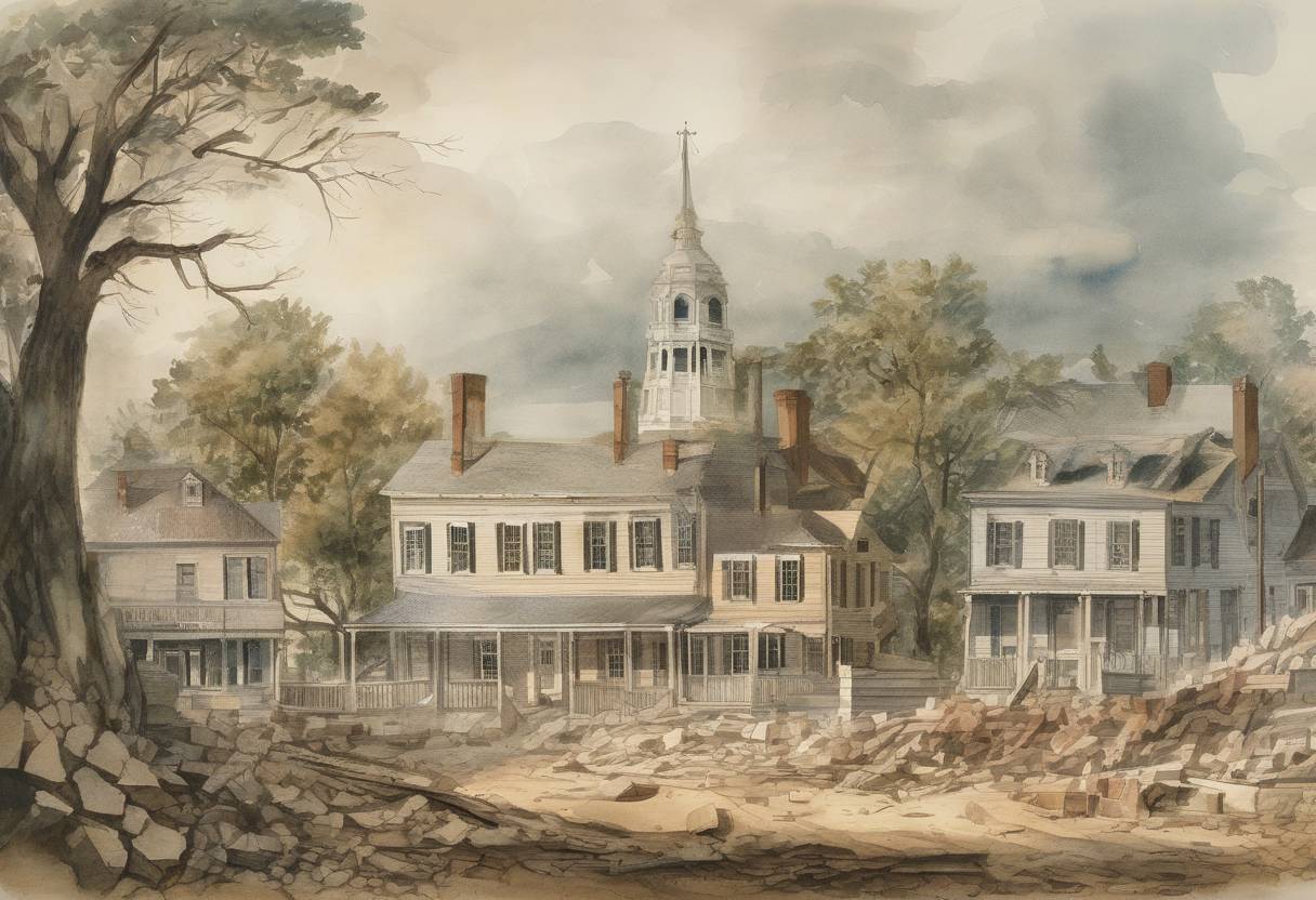 Watercolor painting based depiction of The strongest in a series of earthquakes struck New Madrid, Missouri, estimated to be around magnitude 7.5 to 8.0, part of the New Madrid Seismic Zone. (1812)