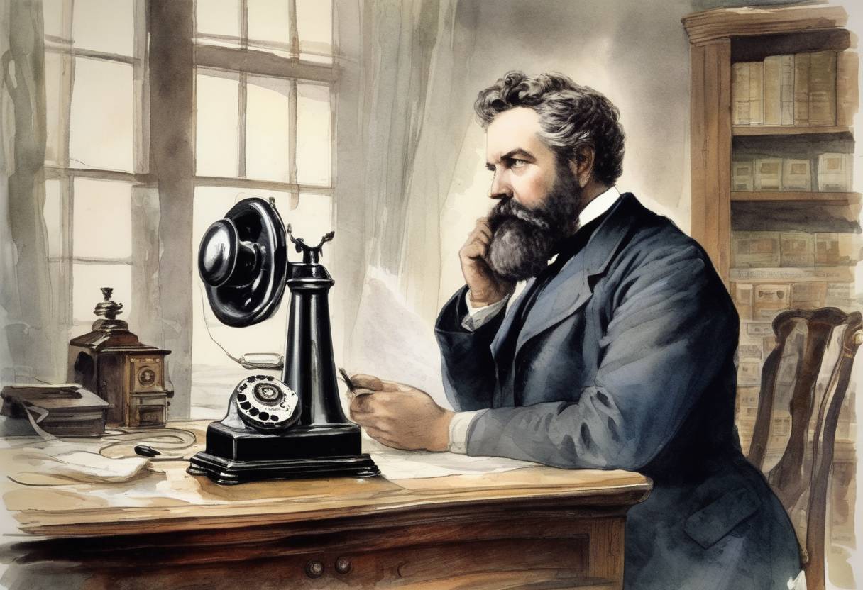 Watercolor painting based depiction of Alexander Graham Bell makes the first successful telephone call, saying 'Mr. Watson, come here, I want to see you.' (1876)