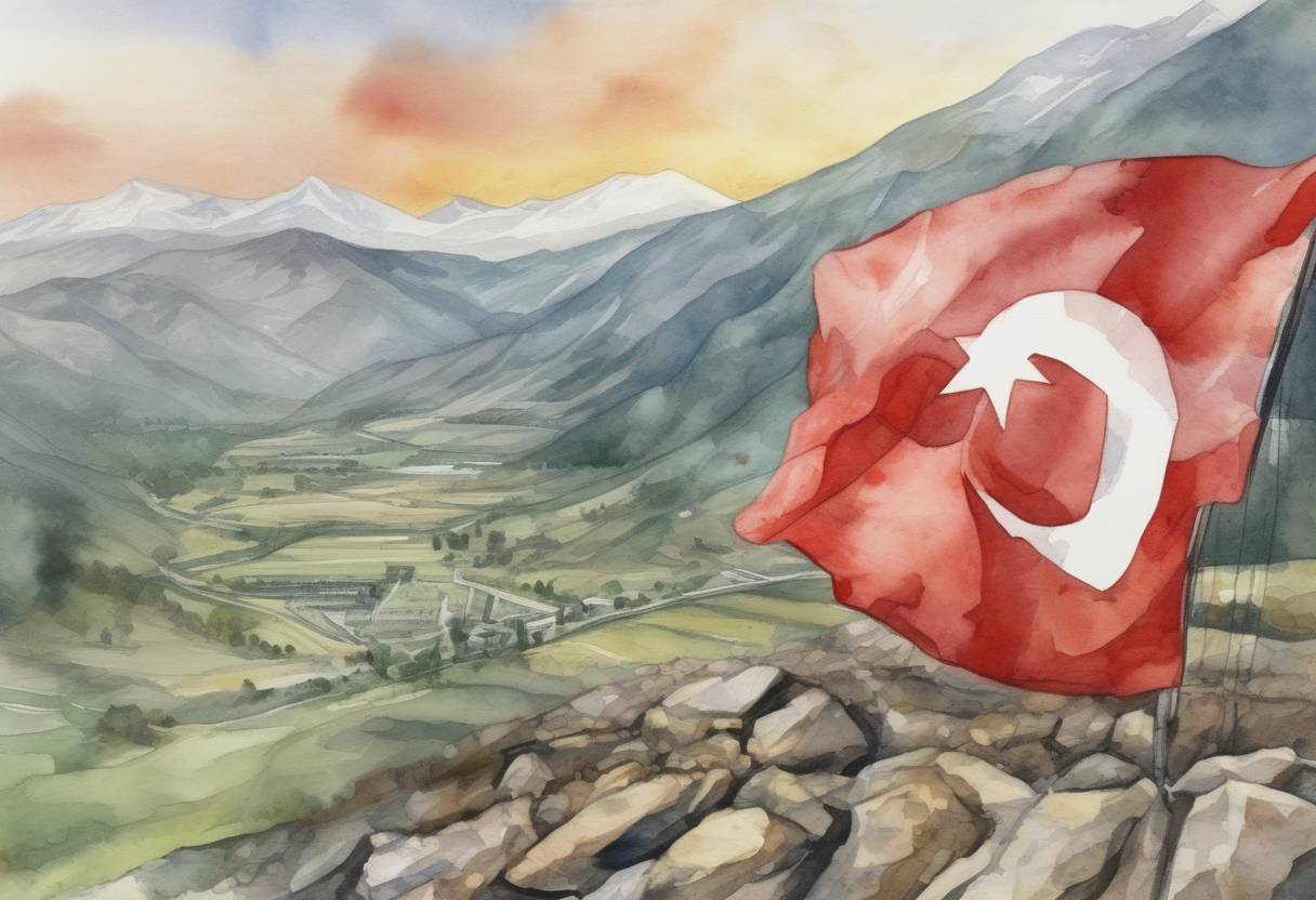 Watercolor painting based depiction of The national flag of Georgia was hoisted on the South Ossetian administrative border, marking a significant moment in the ongoing territorial dispute between Georgia and the breakaway region of South Ossetia. (2005)