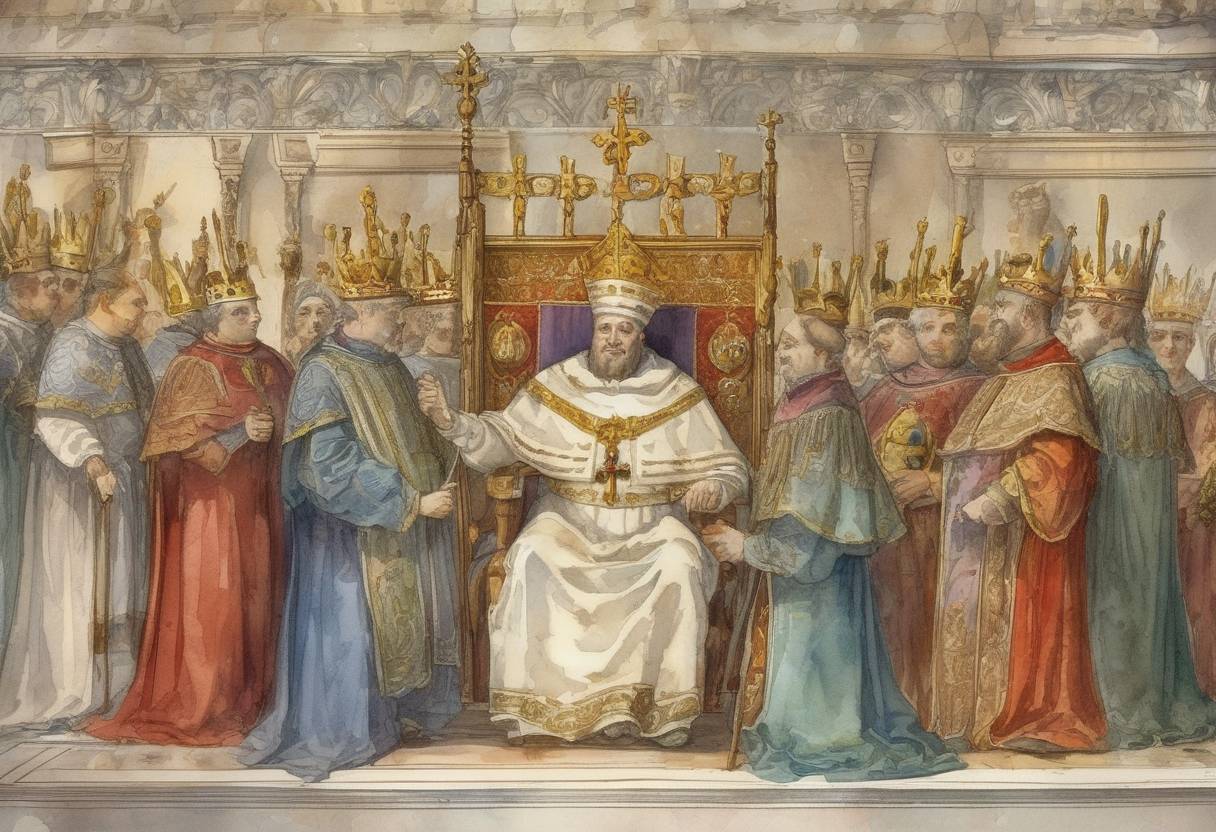 Watercolor painting based depiction of Pope John VIII crowns Charles the Fat as Emperor of the Carolingian Empire. (881)