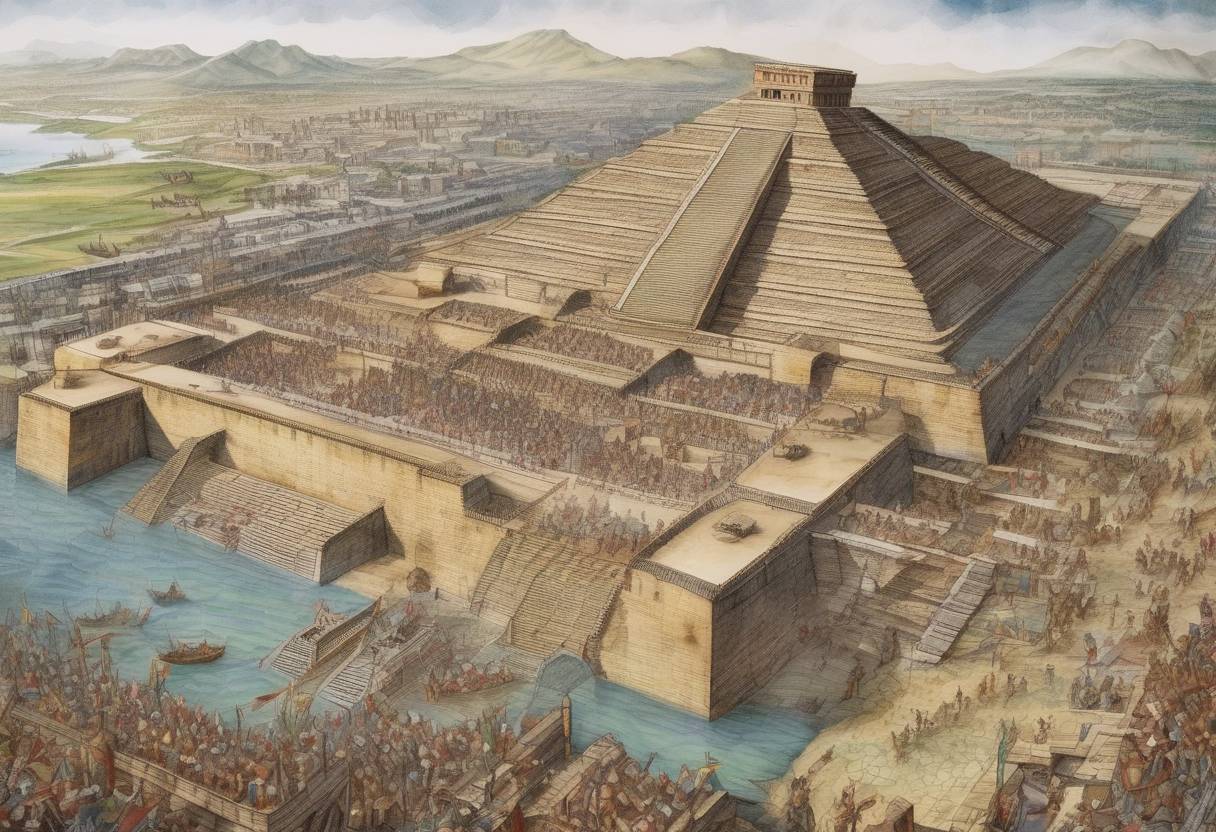 Watercolor painting based depiction of Tenochtitlán, the capital of the Aztec Empire, falls to Spanish conquistadors led by Hernán Cortés, marking the end of the Aztec Empire. (1521)