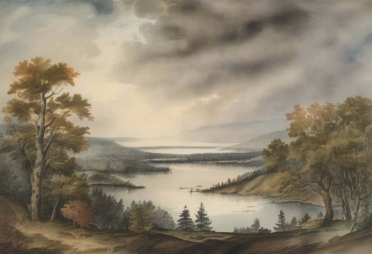 Watercolor painting based depiction of The New England Dark Day occurred, an unusual darkening of the day sky over New England and parts of Canada. (1780)