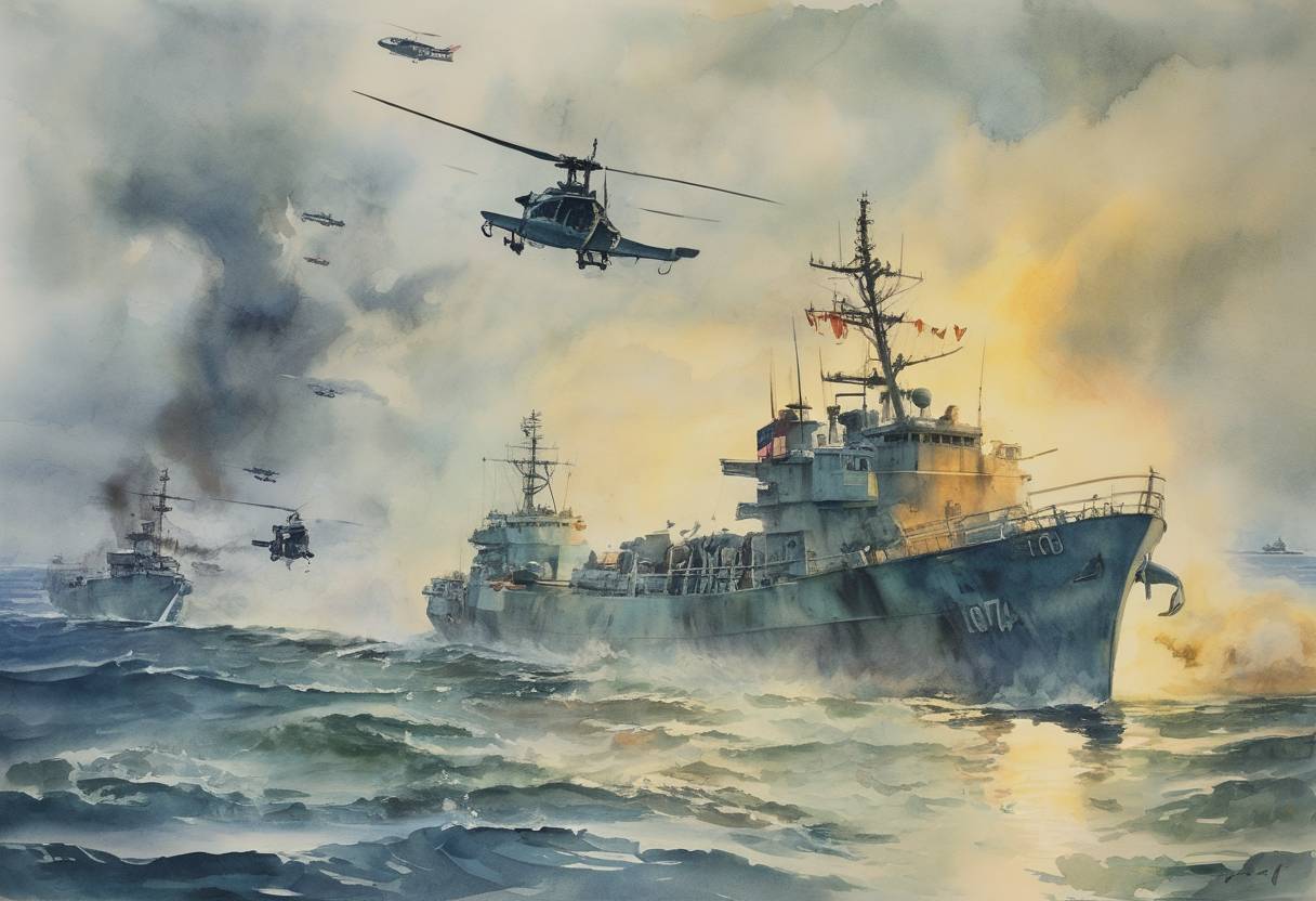Watercolor painting based depiction of The Gulf of Tonkin incident occurred, involving a confrontation between North Vietnamese and United States naval forces, leading to the escalation of U.S. involvement in the Vietnam War. (1964)