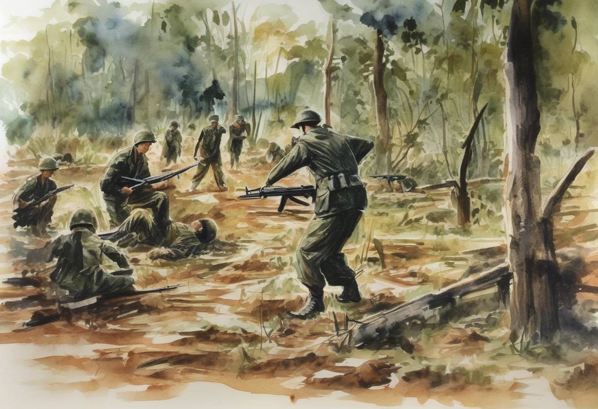 Watercolor painting based depiction of The My Lai Massacre occurs during the Vietnam War, where American soldiers kill hundreds of unarmed Vietnamese civilians in the hamlet of My Lai. (1968)