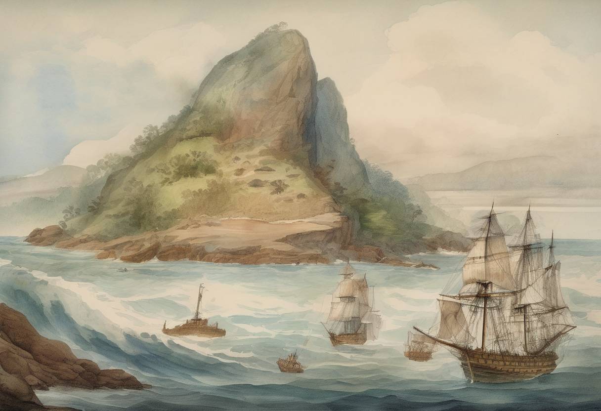 Watercolor painting based depiction of James Cook claimed the eastern coast of Australia for Great Britain, naming it New South Wales. (1770)