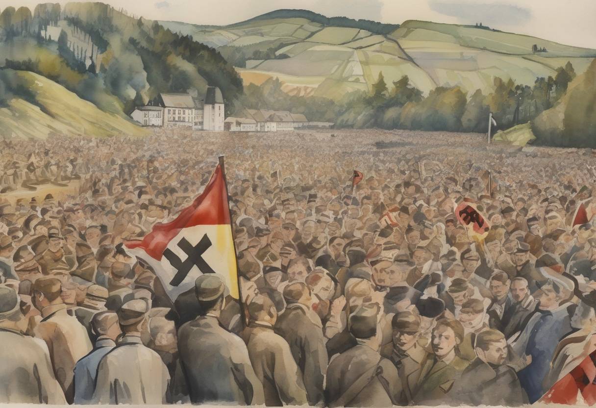 Watercolor painting based depiction of A plebiscite in the Saarland shows that 90.3% of those voting wish to join Nazi Germany, leading to its reintegration into Germany. (1935)