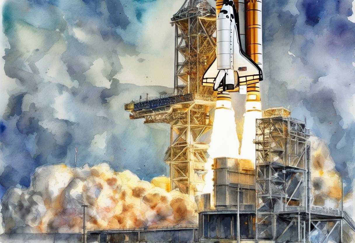 Watercolor painting based depiction of Space Shuttle Atlantis launched on its final planned mission, STS-132, to the International Space Station. (2010)