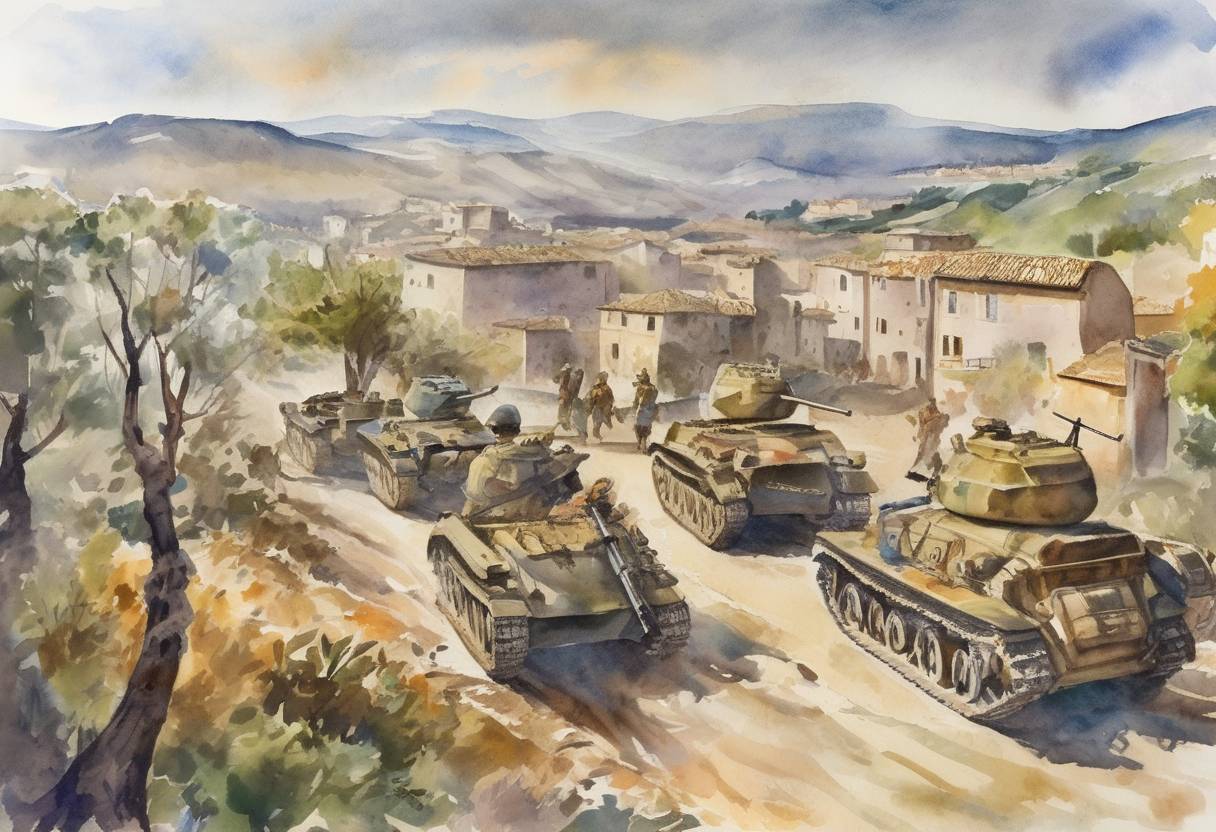 Watercolor painting based depiction of The Allies complete the conquest of Sicily during World War II, marking the end of the Italian Campaign's first phase. (1943)