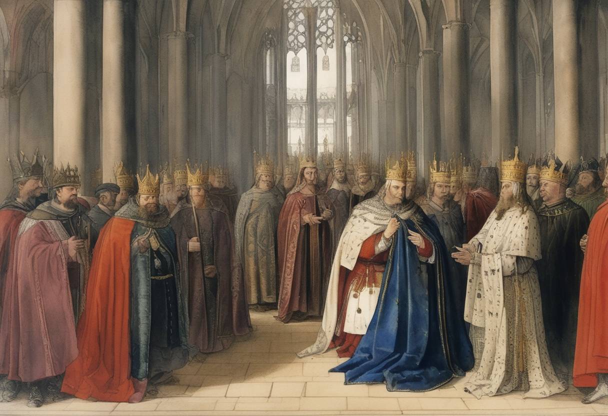 Watercolor painting based depiction of Wenceslaus IV of Bohemia was deposed as German King by the electors. (1389)