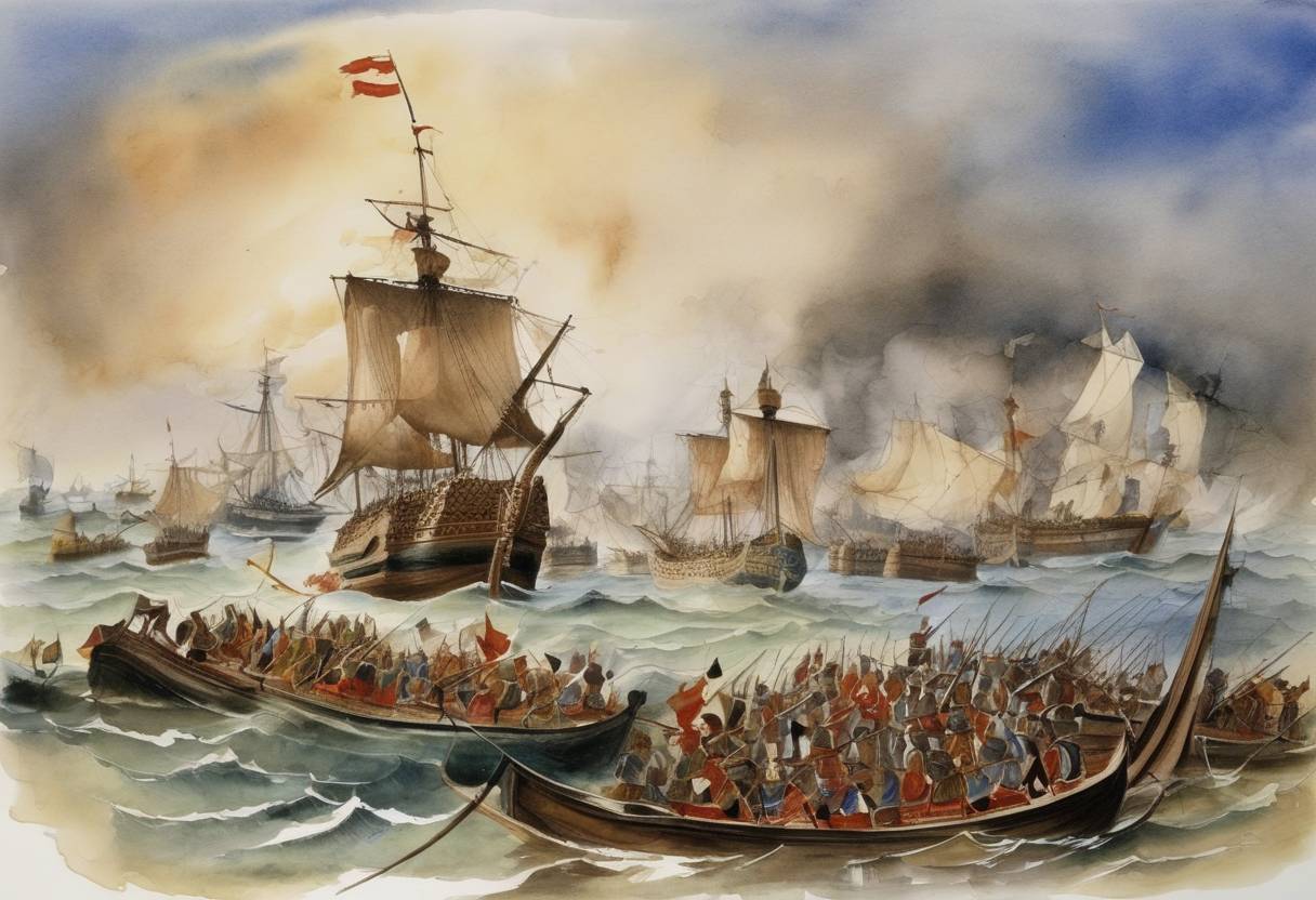 Watercolor painting based depiction of The Battle of Diu took place between a Portuguese fleet and a joint force of the Sultan of Gujarat, the Mamluks, the Zamorin of Calicut, and the Sultan of Bijapur. (1509)