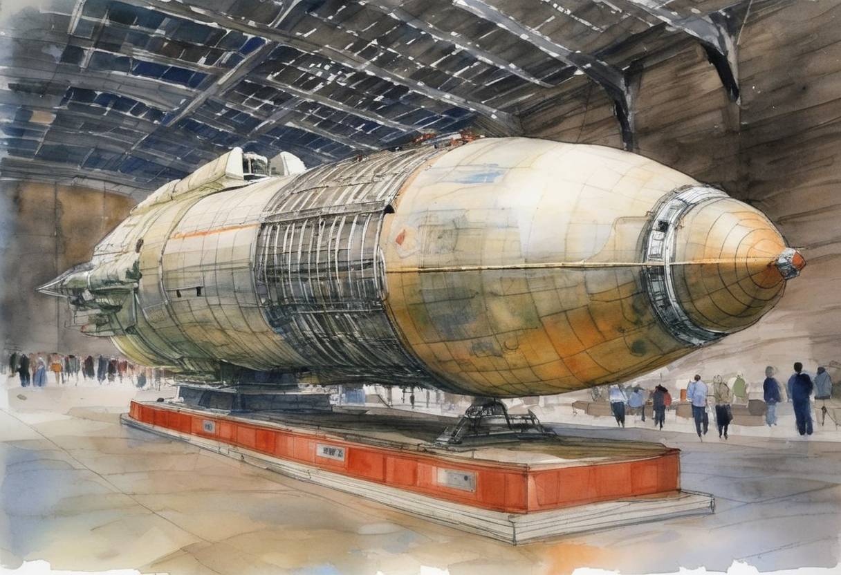 Watercolor painting based depiction of The first Shenzhou spacecraft, Shenzhou 6, is displayed to the public in Beijing, China. (2007)