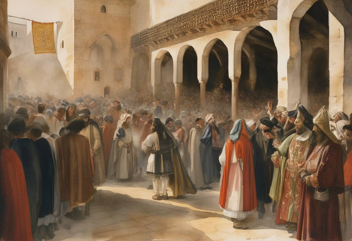 Watercolor painting based depiction of Spanish Jews were expelled by the Alhambra Decree, following an order issued by the Catholic Monarchs Ferdinand and Isabella, leading to the diaspora of the Jewish community from Spain. (1492)