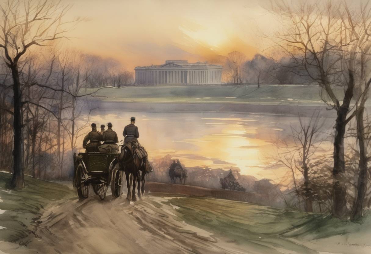 Watercolor painting based depiction of The National Defense Act of 1916 is signed into law by President Woodrow Wilson, significantly expanding the size of the United States National Guard and establishing the Reserve Officers' Training Corps (ROTC). (1916)