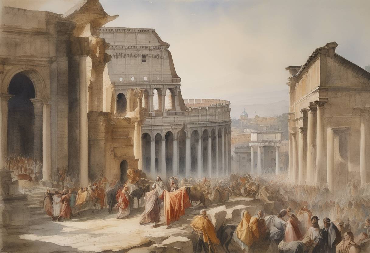 Watercolor painting based depiction of Cola di Rienzo was acclaimed as the tribune of Rome, initiating a brief popular regime focused on restoring the grandeur of ancient Rome. Rienzo's assumption of power represented an effort to bridge the gap between the city's republican past and papal present. (1347)