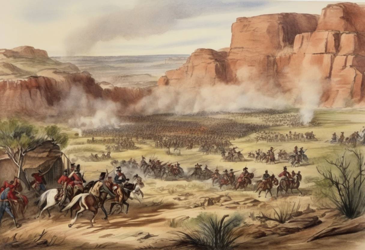 Watercolor painting based depiction of The Battle of Red Cliffs during the Texas Revolution saw an early engagement at the village of Mee-Yee-Mee. (1836)