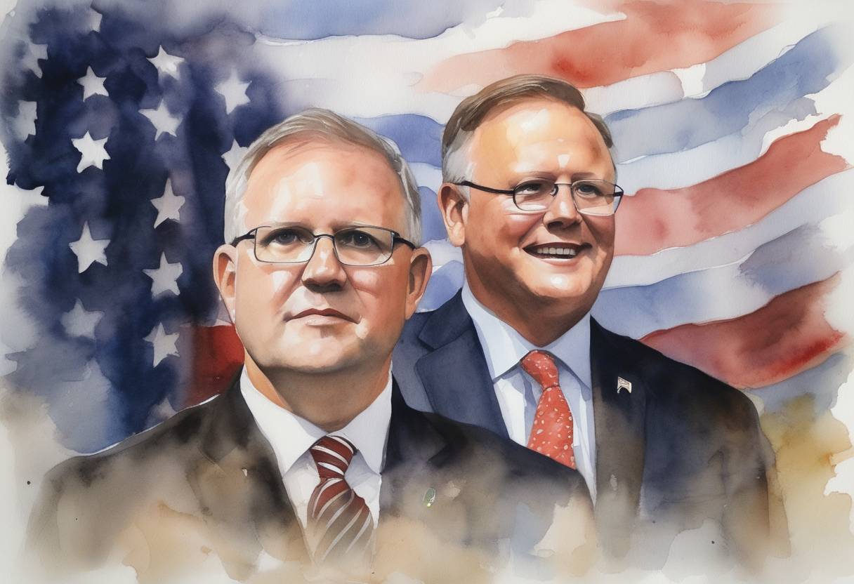 Watercolor painting based depiction of Australian Prime Minister Scott Morrison conceded defeat, and Anthony Albanese of the Australian Labor Party became the 31st Prime Minister of Australia after the party's victory in the federal election. This outcome marked a shift in political leadership with a focus on climate change policy and improving relations with Pacific neighbors. (2022)