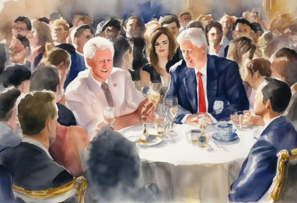 Watercolor painting based depiction of President Bill Clinton announces the 'Don't Ask, Don't Tell' policy regarding homosexuality in the U.S. military. (1993)