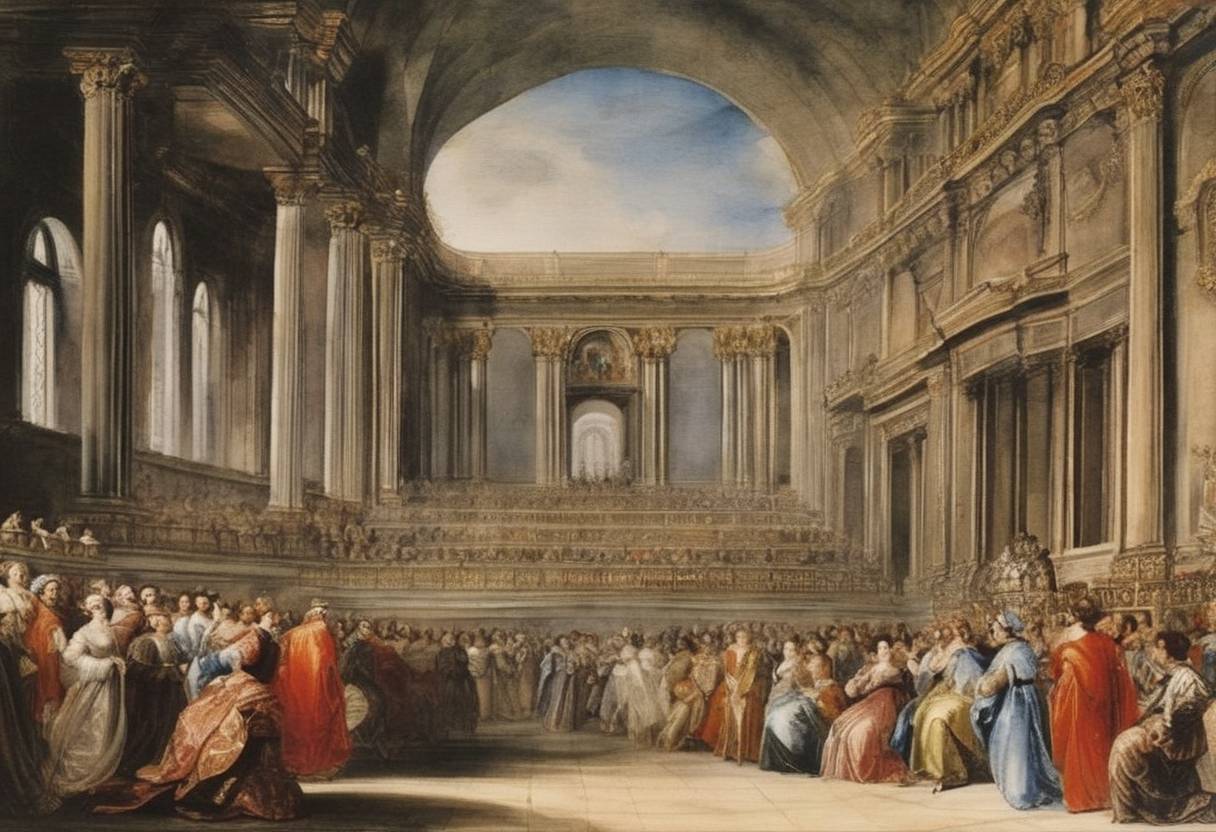 Watercolor painting based depiction of L'Orfeo, a late Renaissance/early Baroque opera, premieres in Mantua, Italy. Claudio Monteverdi's work is considered one of the earliest operas still performed today. (1607)