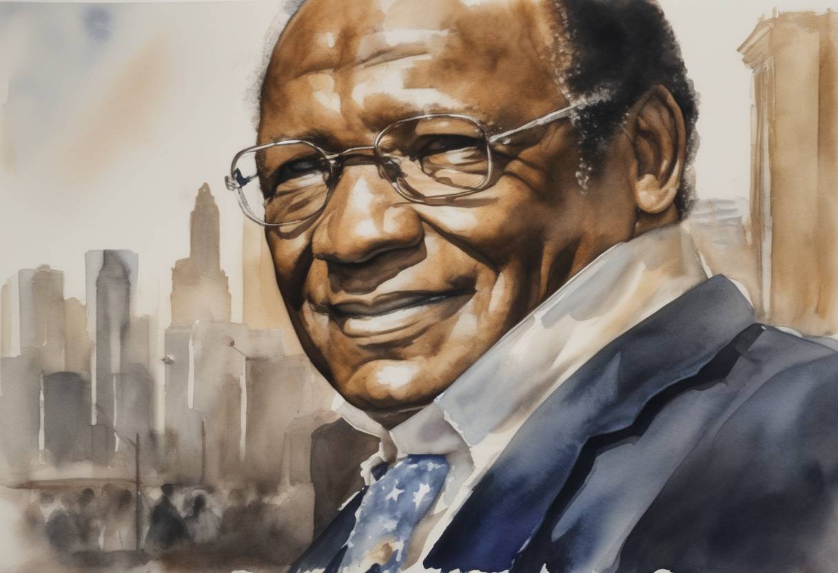 Watercolor painting based depiction of Tom Bradley was inaugurated as the first African American mayor of Los Angeles, marking a milestone in the city's political history. (1973)