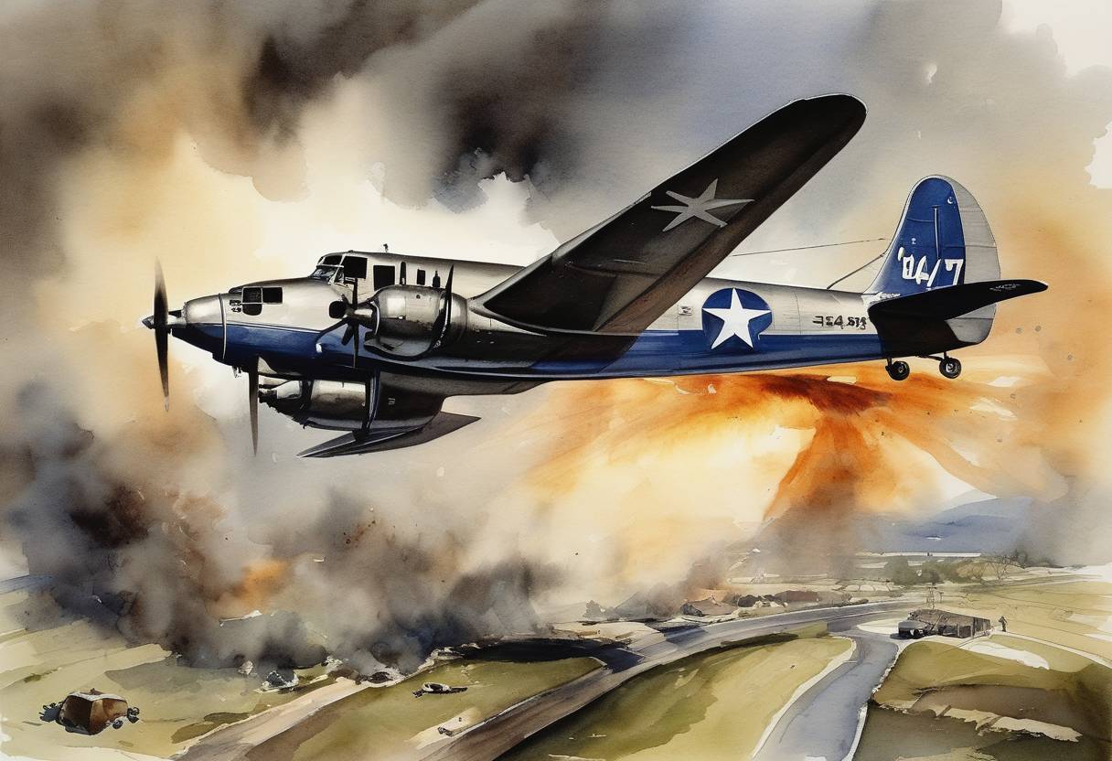 Watercolor painting based depiction of A United Airlines Boeing 247 is destroyed by sabotage, the first such proven case in aviation history. (1934)