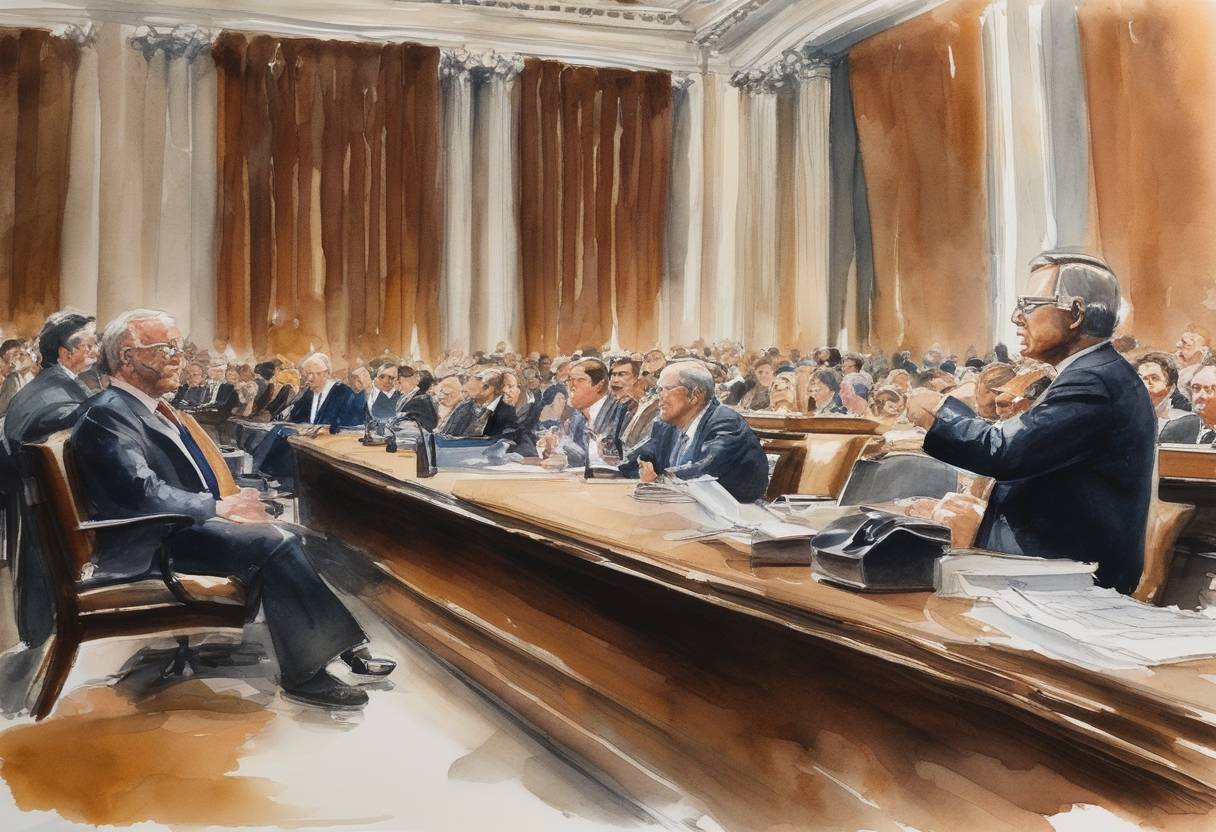 Watercolor painting based depiction of In one of the pivotal moments during the Watergate scandal, White House Counsel John Dean testifies before Congress about President Nixon's involvement in the cover-up. (1973)