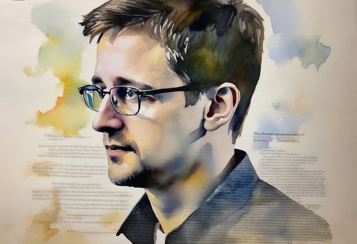 Watercolor painting based depiction of The Guardian and The Washington Post publish revelations from Edward Snowden about the NSA's PRISM surveillance program. (2013)