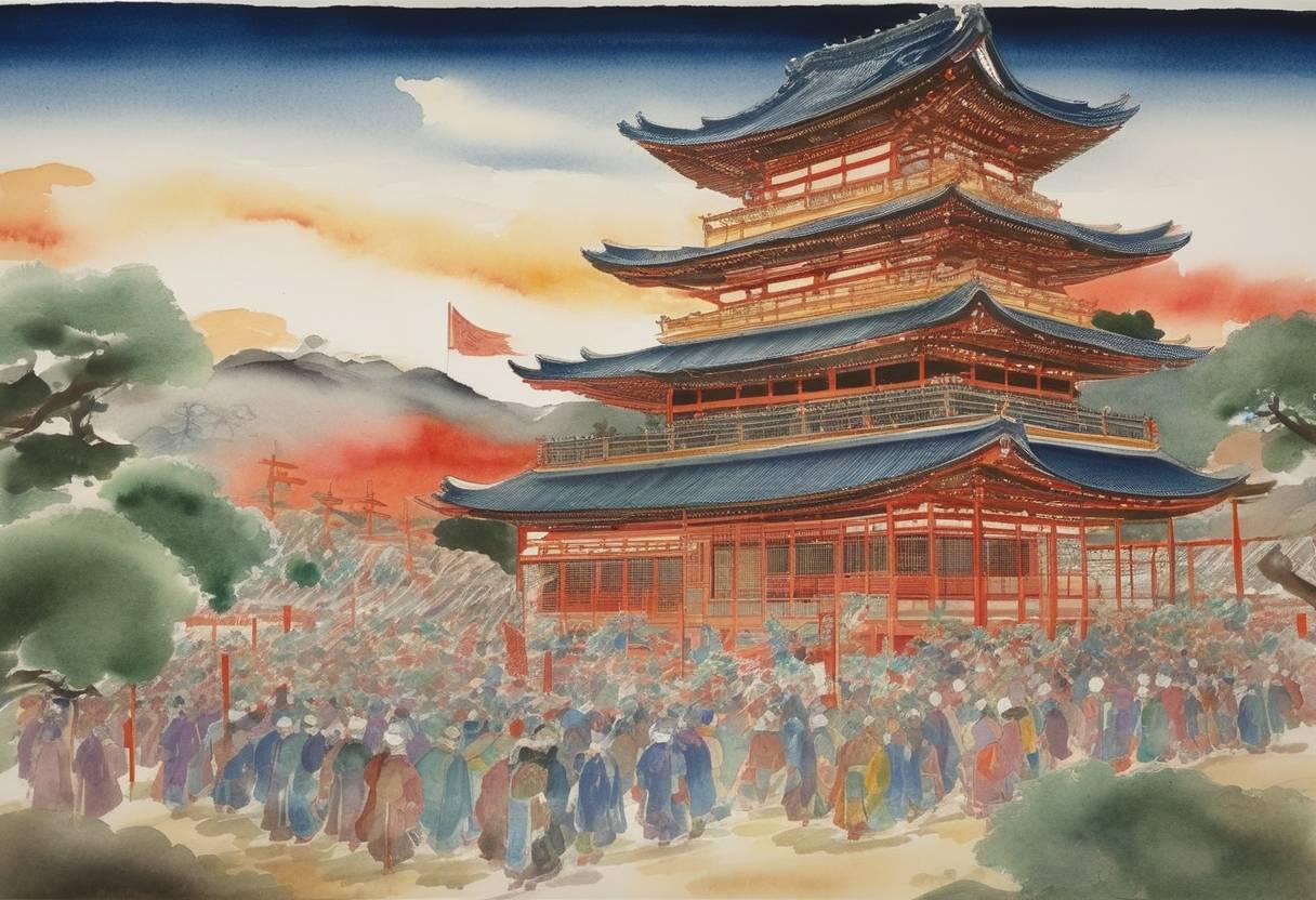 Watercolor painting based depiction of Emperor Tenmu institutes the Divine Wind Festival (Toshigami Matsuri) in Japan, intended to honor the deities and ensure good fortune for the upcoming year. (675)