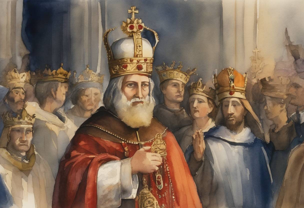 Watercolor painting based depiction of Bolesław I the Brave is crowned in Gniezno Cathedral, becoming the first King of Poland. (1025)