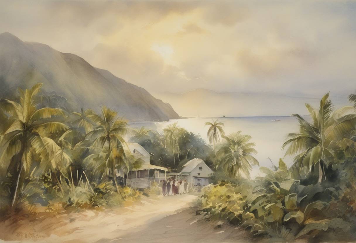 Watercolor painting based depiction of The United States signed the Treaty of the Danish West Indies, agreeing to purchase what is now the U.S. Virgin Islands from Denmark. (1916)