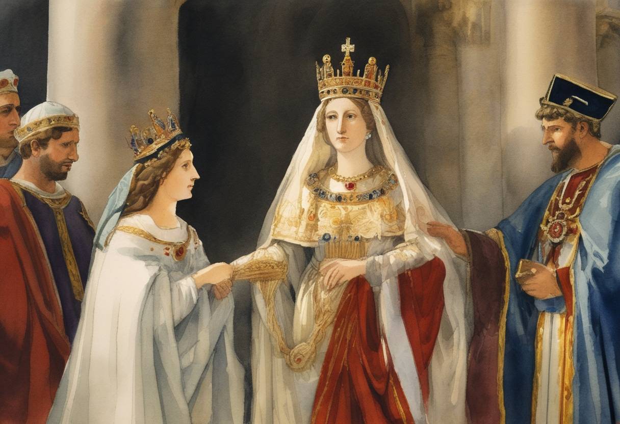 Watercolor painting based depiction of Constance of Arles is crowned as Holy Roman Empress. (1028)