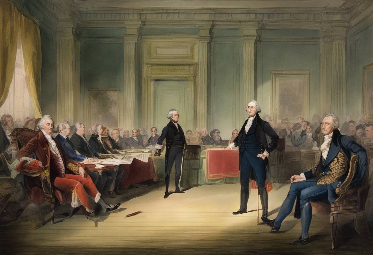 Watercolor painting based depiction of The United States Senate ratified the Rush-Bagot Treaty between the United States and the United Kingdom, which limited naval armaments on the Great Lakes and Lake Champlain after the War of 1812. (1818)
