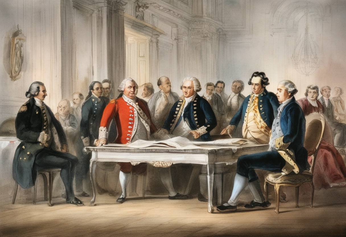 Watercolor painting based depiction of The United States and Spain sign the Treaty of Aranjuez. (1776)