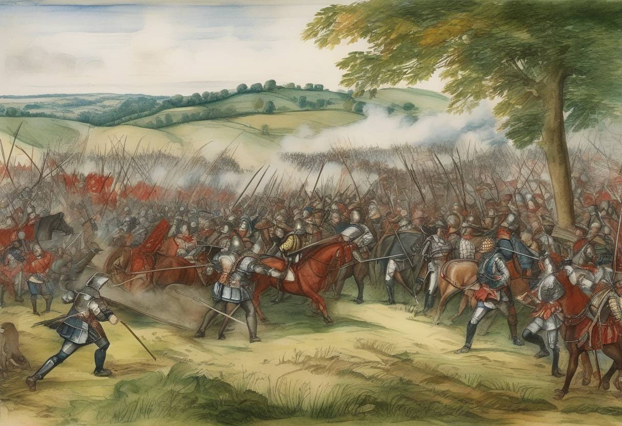 Watercolor painting based depiction of The Battle of Sampford Courtenay took place during the Prayer Book Rebellion, a result of widespread discontent in Cornwall and Devon, England, against religious reforms imposed by the government of Edward VI. The Devon insurgents, opposed to the new English-language Book of Common Prayer, were ultimately defeated by government forces. (1549)