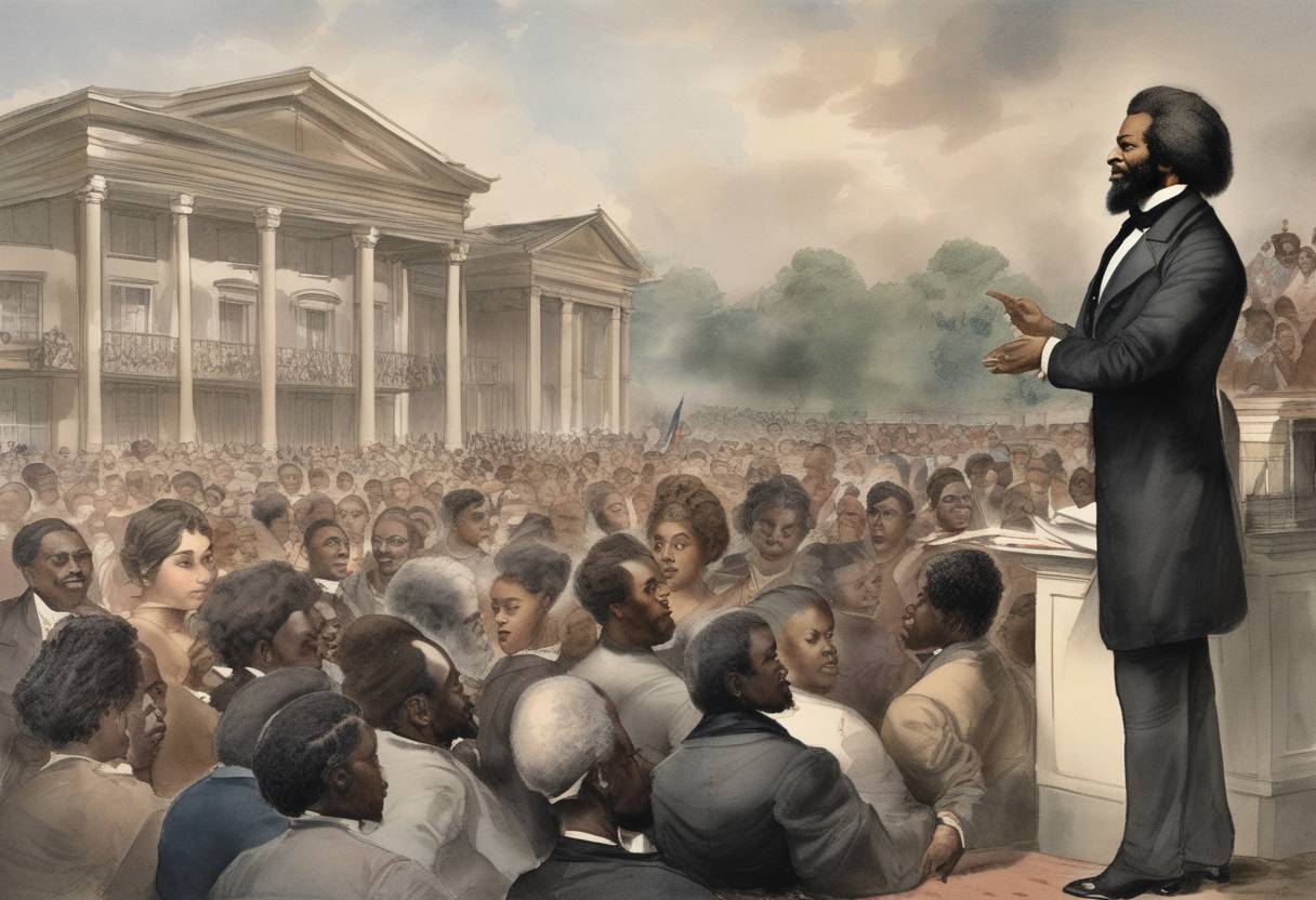 Watercolor painting based depiction of Frederick Douglass delivers his famous speech, 'What to the Slave Is the Fourth of July?' in Rochester, New York, addressing the Rochester Ladies' Anti-Slavery Society. Douglass used the occasion to highlight the hypocrisy of the nation celebrating freedom, independence, and liberty while still permitting the institution of slavery. (1852)